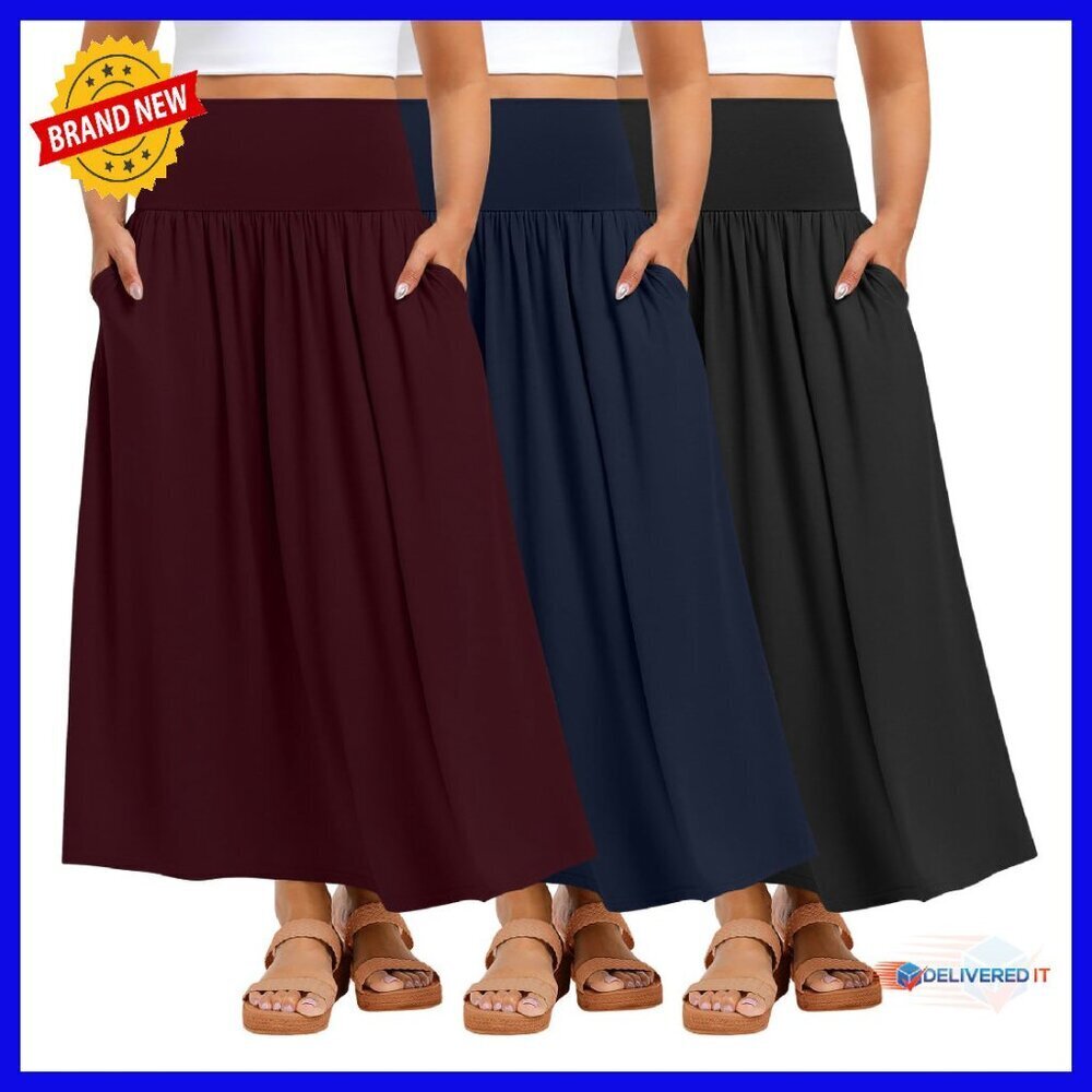 Plus Size Maxi A-Line Pleated Skirts with Pockets - 3 Pack